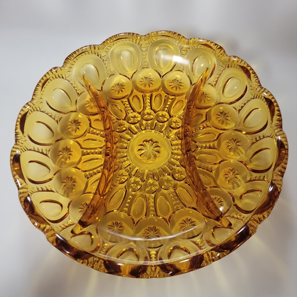Vintage Moon and Stars Amber Glass Relish Divided Dish